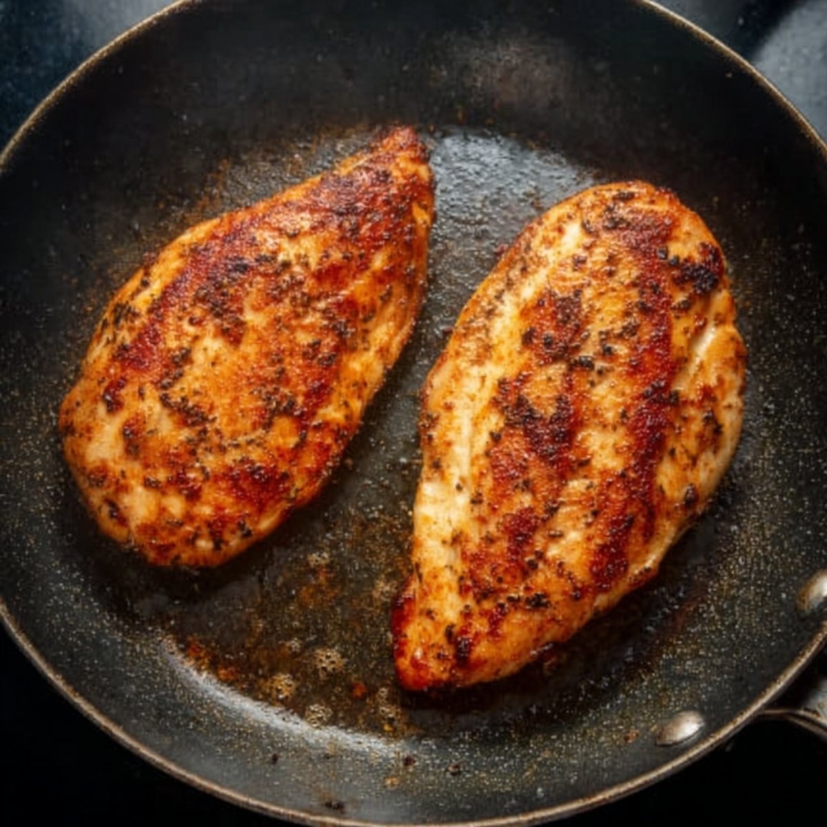 Two golden-brown, seasoned chicken breasts sizzling in a black frying pan, with visible char marks and a lightly crisped exterior.