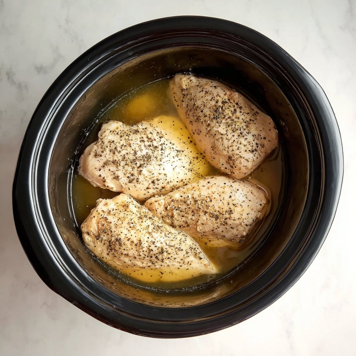 Top-down view of a black slow cooker containing four seasoned chicken breasts partially submerged in liquid. The chicken is sprinkled with black pepper and appears ready to cook. Bright natural lighting, clean white countertop background, high-resolution food photography, early stage of a slow-cooked meal.