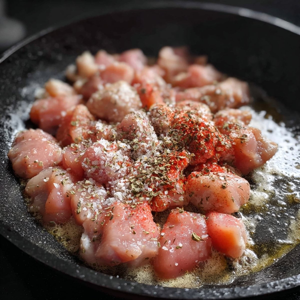 Close-up of diced raw chicken in a skillet, coated with seasonings including paprika, black pepper, and dried herbs, cooking in a thin layer of oil. The chicken pieces are pink and glistening, ready to be sautéed.