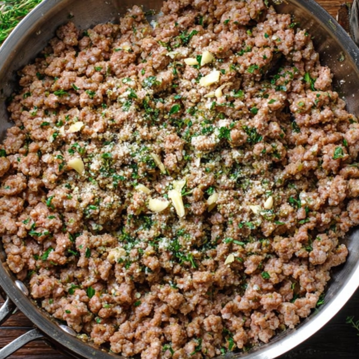 Close-up of a skillet with cooked ground sausage, garnished with chopped garlic and fresh herbs, ready to be added to a pasta dish.