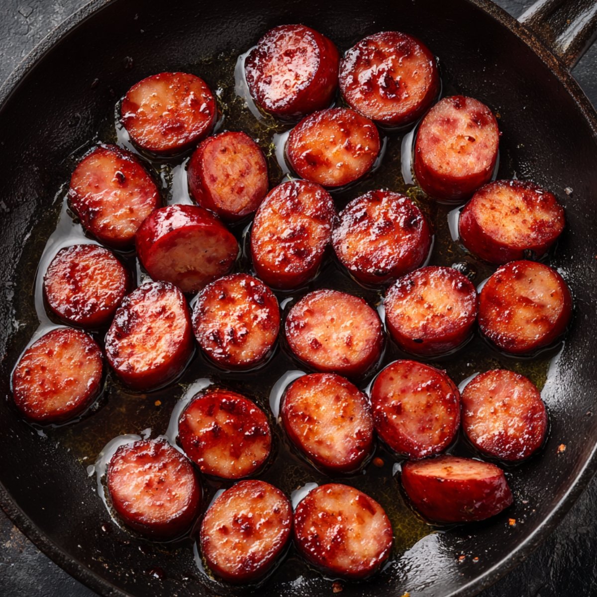 Sliced smoked sausage frying in a skillet, glistening with oil and browned edges, giving a caramelized appearance.