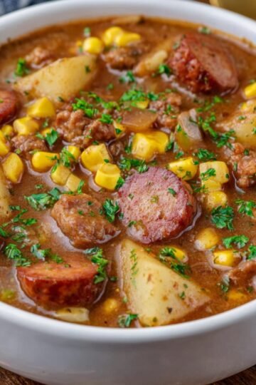 A bowl of hearty cowboy stew, featuring chunks of potatoes, sliced smoked sausage, ground beef, corn, and a tomato-based broth, garnished with fresh chopped parsley.
