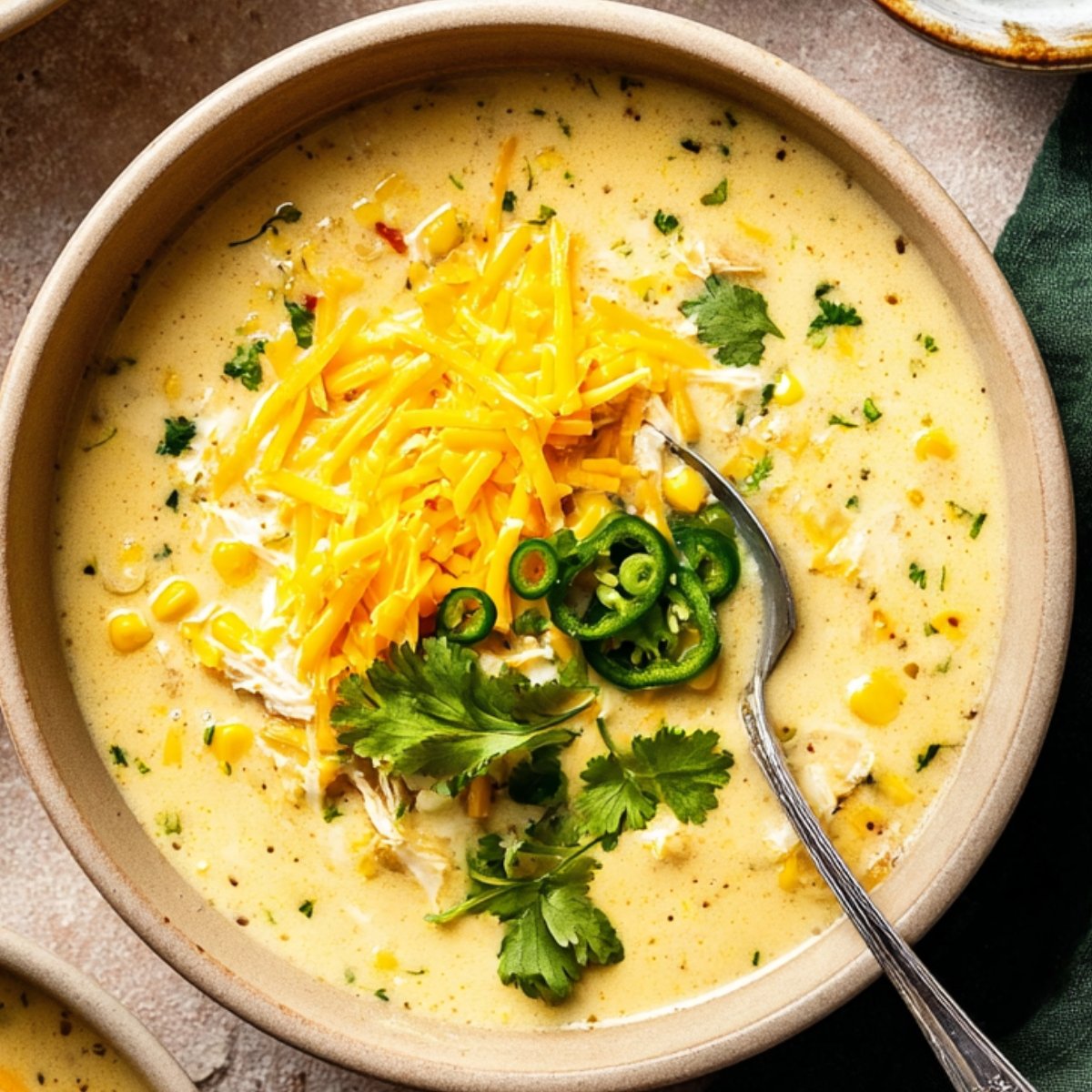 Bowl of creamy chicken poblano soup topped with shredded cheddar cheese, sliced jalapeños, and fresh cilantro leaves, with a spoon in the soup, styled for a cozy homemade meal.