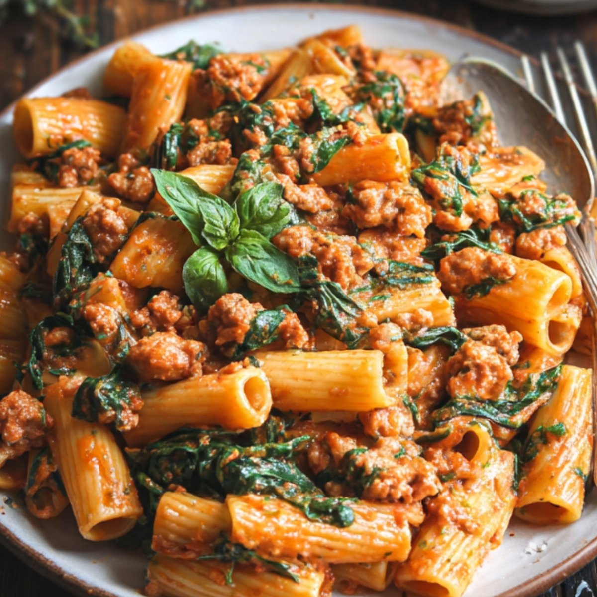 Close-up of a plate of creamy sausage rigatoni pasta with spinach, garnished with fresh basil leaves, showing a rich tomato cream sauce coating the rigatoni and sausage