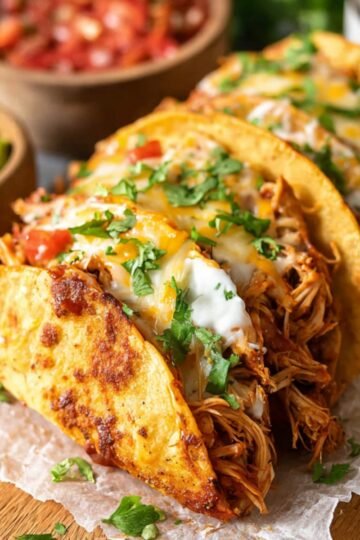 Close-up of crispy baked chicken tacos on a wooden cutting board lined with parchment paper, topped with melted cheese and fresh cilantro, surrounded by small bowls of guacamole, salsa, and sour cream, with cherry tomatoes in the background.