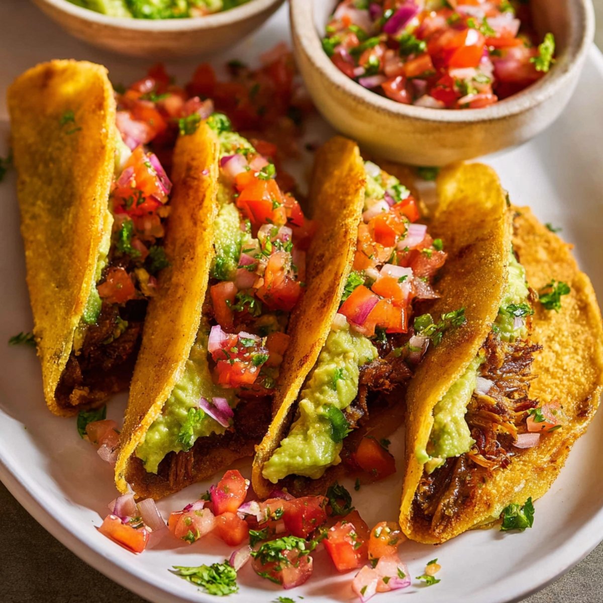 Three Crispy Ground Beef Tacos filled with shredded meat, topped with creamy guacamole and fresh pico de gallo made of diced tomatoes, onions, and herbs, served on a plate with small bowls of salsa in the background.