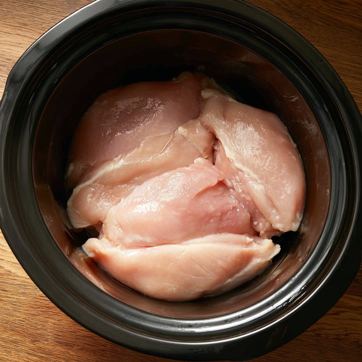 Raw chicken breasts placed in a slow cooker, ready to be cooked for a flavorful meal.