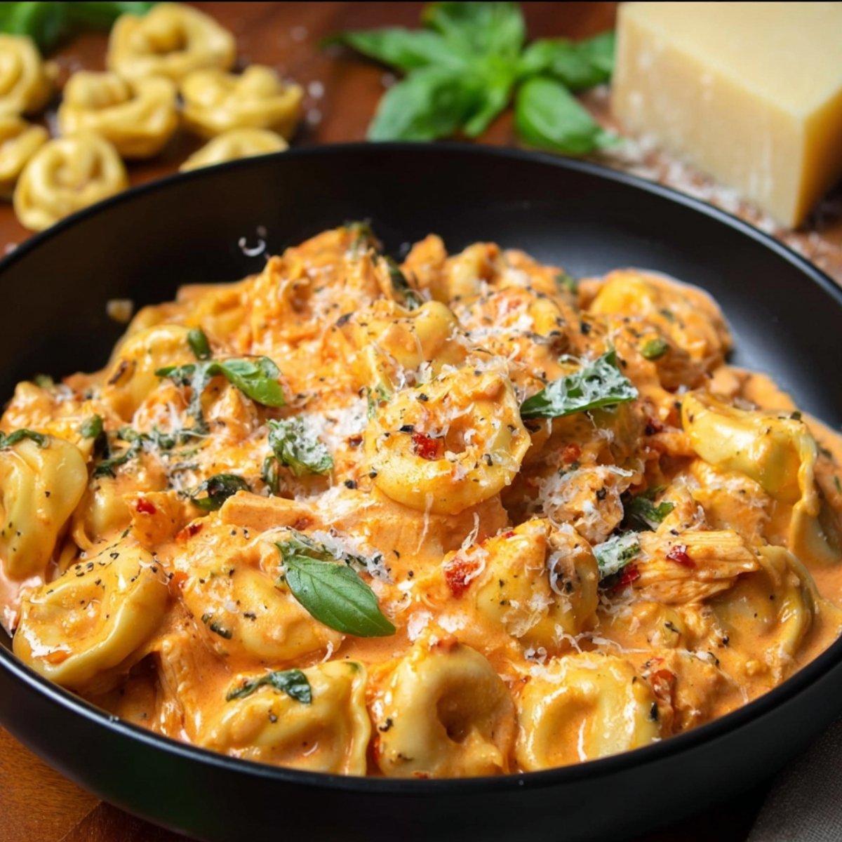 A mixture of shredded chicken, tortellini, and tomato sauce inside a slow cooker, cooking together for a hearty meal.