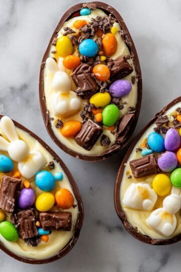 Decorated Easter Egg Cheesecake halves filled with white chocolate and topped with colorful candy-coated chocolates, chocolate chunks, and small bunny-shaped candies.