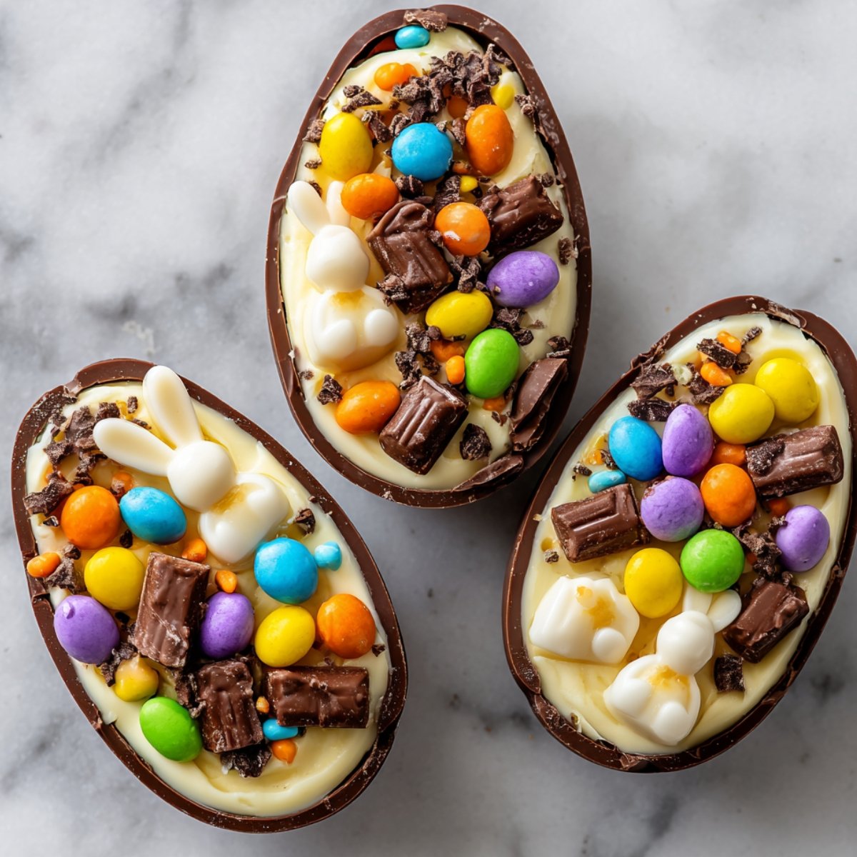 Decorated Easter Egg Cheesecake halves filled with white chocolate and topped with colorful candy-coated chocolates, chocolate chunks, and small bunny-shaped candies.