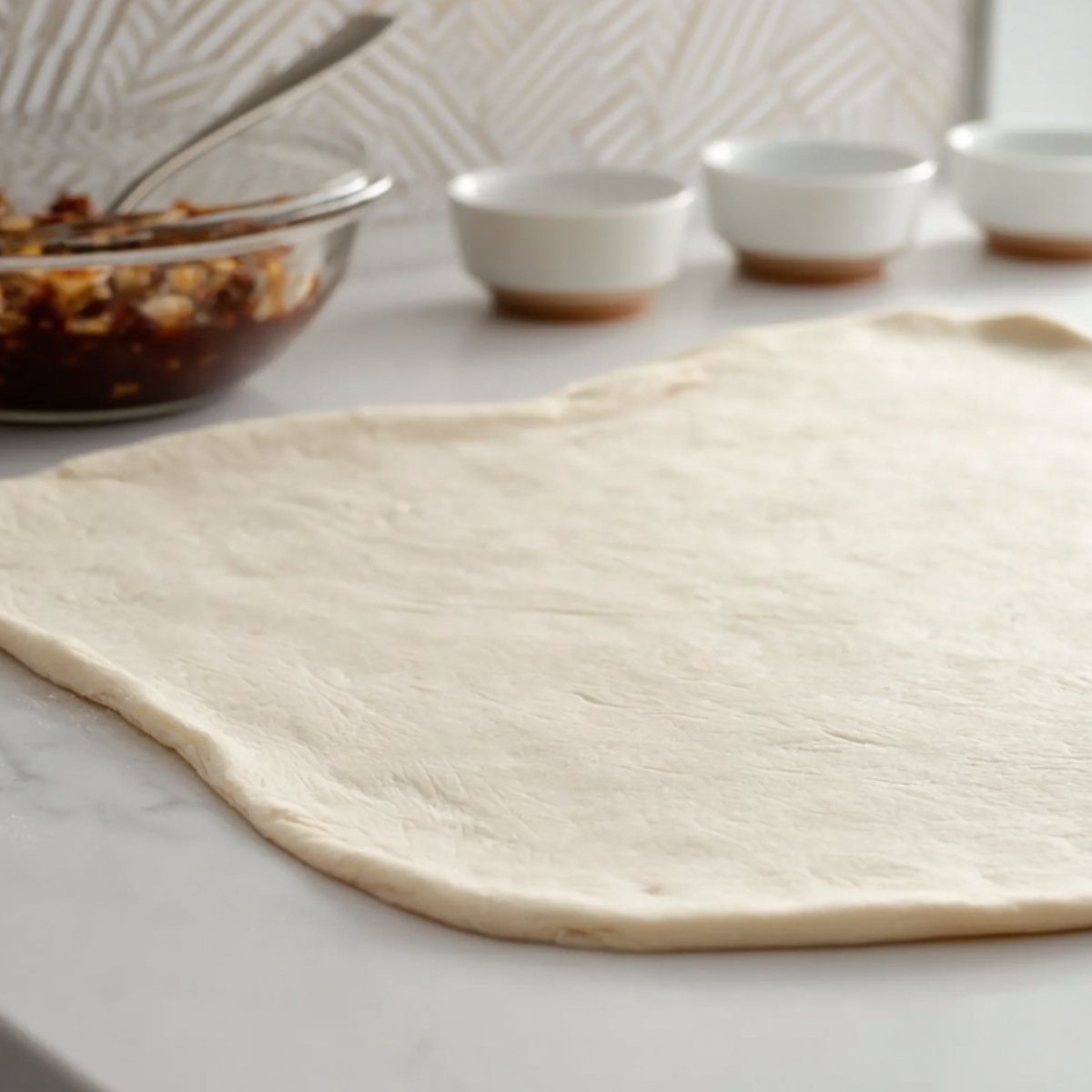 Rolled-out dough on a countertop with small bowls of ingredients and a glass bowl of filling in the background.