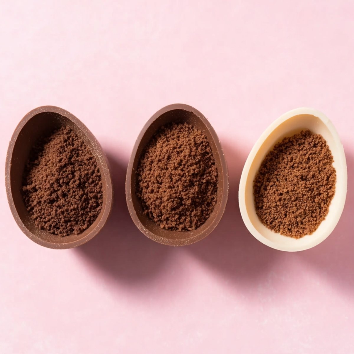 Three hollow chocolate egg halves filled with a crumbly chocolate mixture on a pink background.