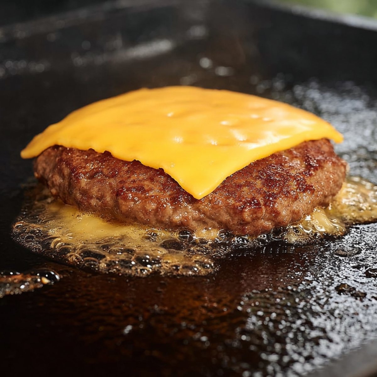 Close-up of a smash burger patty cooking on a hot griddle, topped with a slice of cheddar cheese starting to melt, showing sizzling juices around the patty.