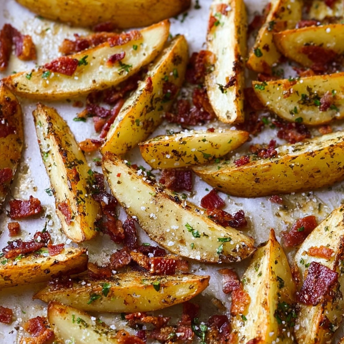 Close-up of baked garlic parmesan potato wedges on a white plate, sprinkled with fresh parsley and parmesan cheese, served with a small bowl of creamy dipping sauce, showing crispy golden-brown edges and seasoned texture.