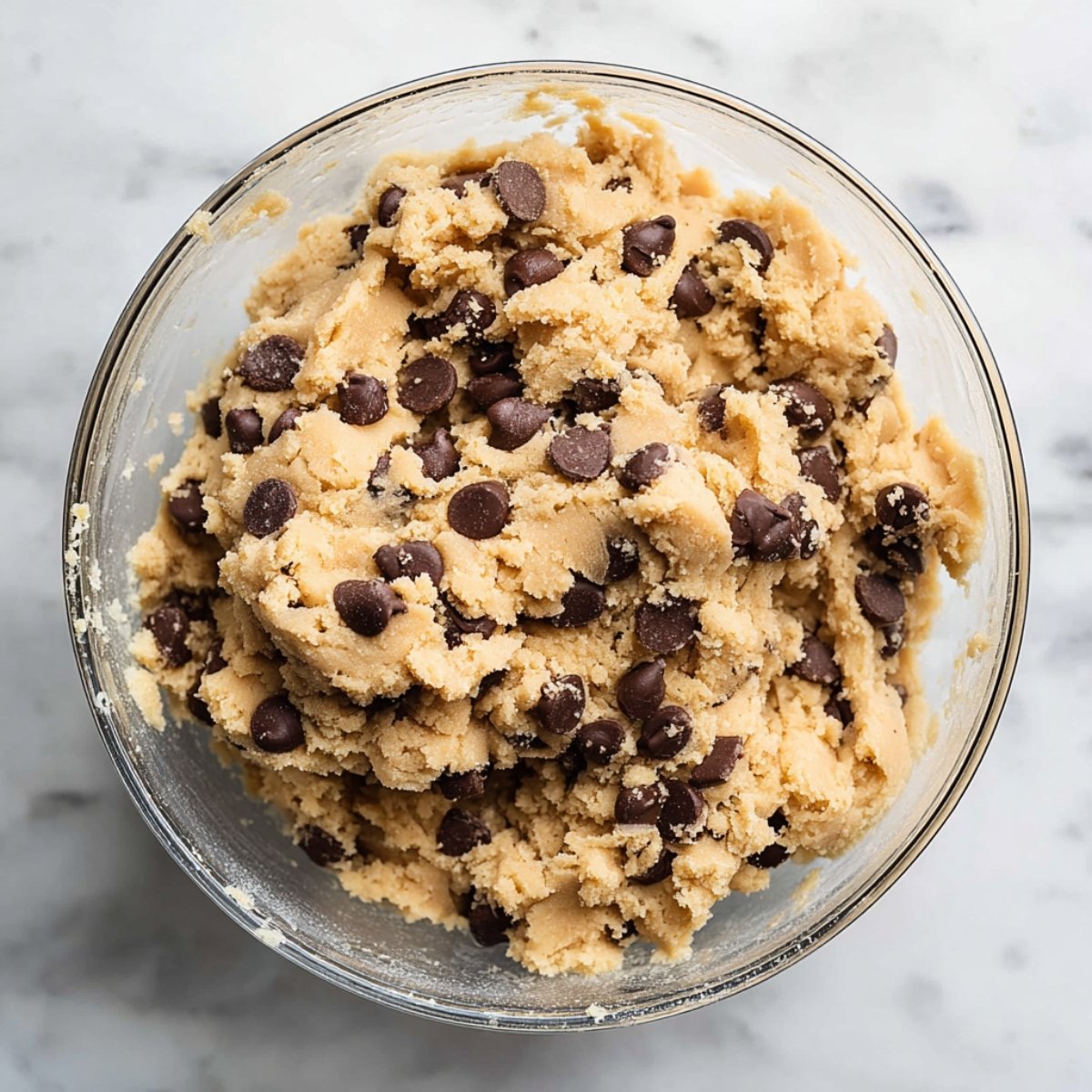 Overhead view of a glass mixing bowl containing cookie dough with two raw eggs and a splash of vanilla extract on top, ready to be mixed with a stand mixer on a white marble countertop.