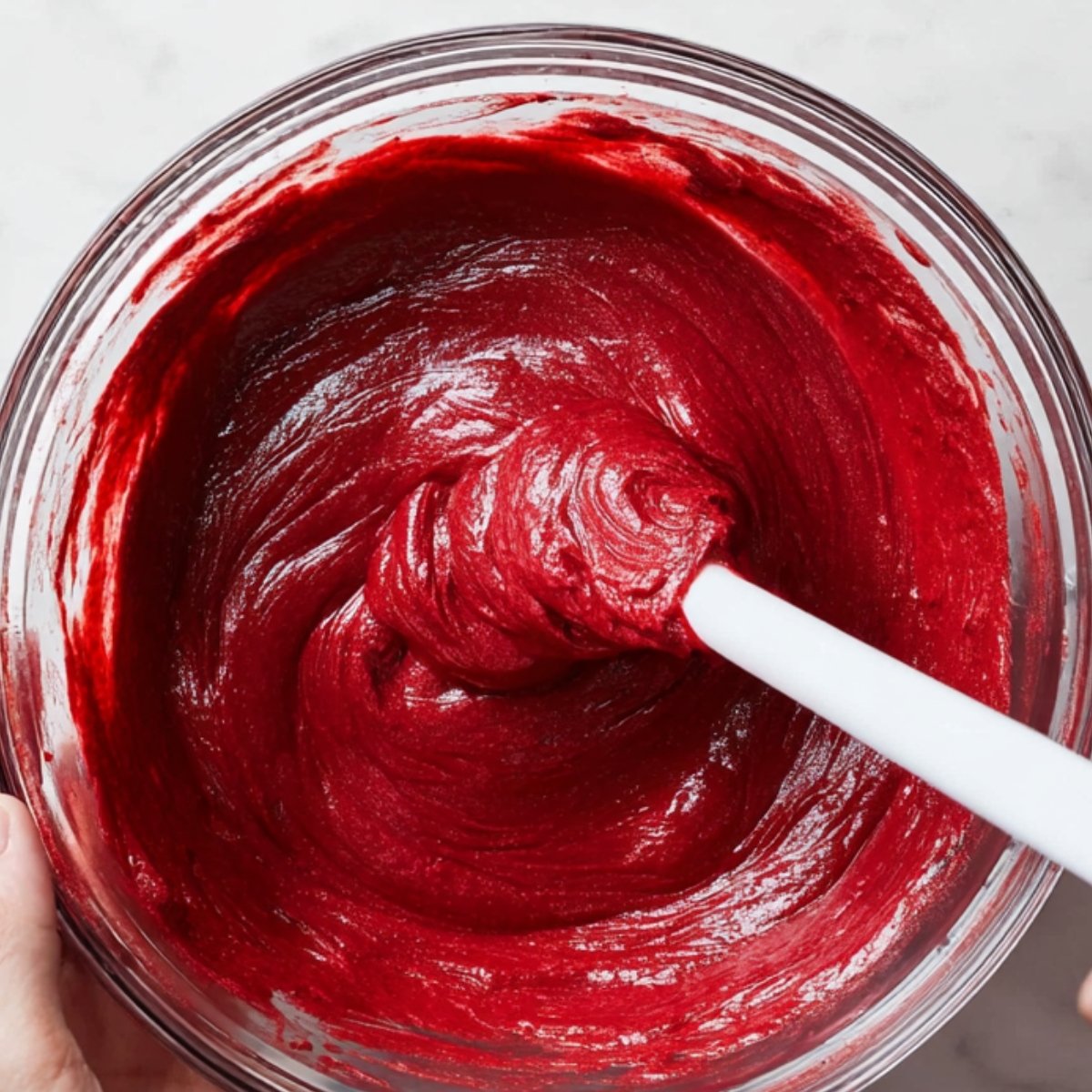 Top-down view of a glass mixing bowl with thick, glossy red velvet brownie batter being stirred with a white spatula, held over a white marble countertop.