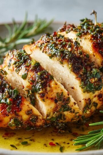 Close-up of a sliced garlic butter baked chicken breast on a gray ceramic plate, coated in a glossy herb and garlic sauce, garnished with fresh herbs, showing juicy, tender meat and a golden-brown crust.