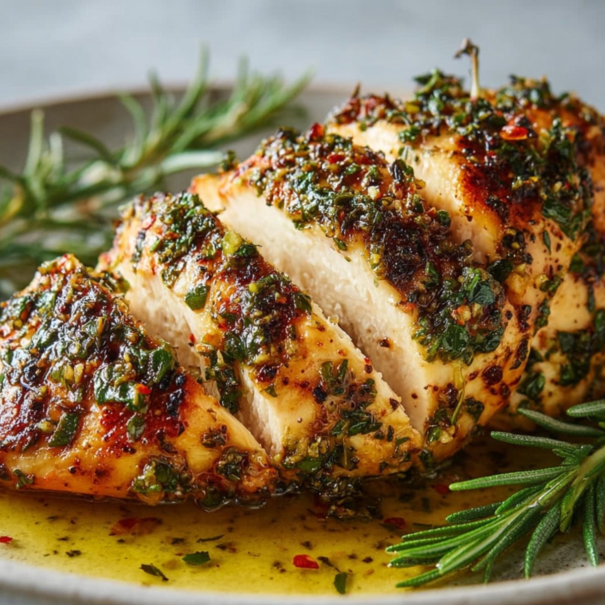 Close-up of a sliced garlic butter baked chicken breast on a gray ceramic plate, coated in a glossy herb and garlic sauce, garnished with fresh herbs, showing juicy, tender meat and a golden-brown crust.