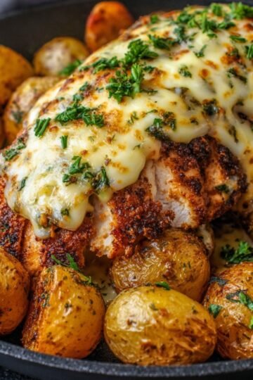 Top-down view of a cooked Garlic Parmesan Chicken and Potatoes breast topped with melted cheese, surrounded by golden roasted baby potatoes in a black skillet, garnished with chopped parsley. The chicken has a crispy crust and the potatoes are golden and seasoned.