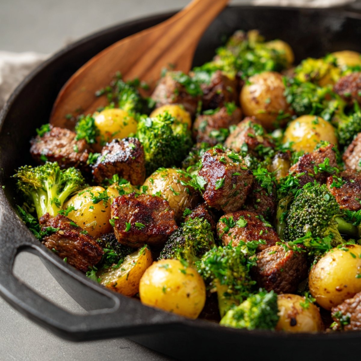 Skillet meal of golden-brown Garlic Steak Bites And Potatoes, roasted baby potatoes, and bright green broccoli, garnished with fresh chopped parsley, showing a delicious, home-cooked presentation in a black cast iron skillet.
