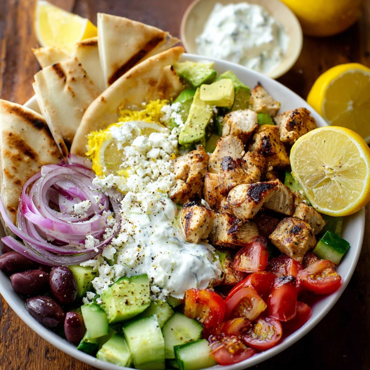 A vibrant Greek Chicken Bowls with grilled chicken chunks, diced cucumbers, cherry tomatoes, red onion slices, Kalamata olives, crumbled feta, yellow rice, and pita wedges, drizzled with creamy tzatziki sauce and garnished with lemon slices.