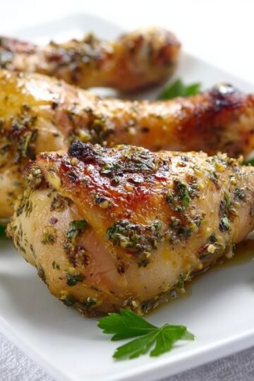 Three roasted Greek Marinated Chicken drumsticks with golden-brown, slightly charred skin coated in Greek-style herb marinade, served on a white plate with fresh parsley leaves as garnish.