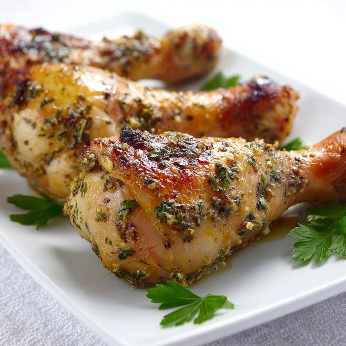 Three roasted Greek Marinated Chicken drumsticks with golden-brown, slightly charred skin coated in Greek-style herb marinade, served on a white plate with fresh parsley leaves as garnish.
