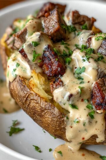 Close-up of a Loaded Baked Potatoes with Steak Bites topped with cubed seared steak and creamy parmesan sauce, garnished with fresh chopped parsley, fluffy potato interior visible, rich textures, white plate, realistic food photography, appetizing presentation.