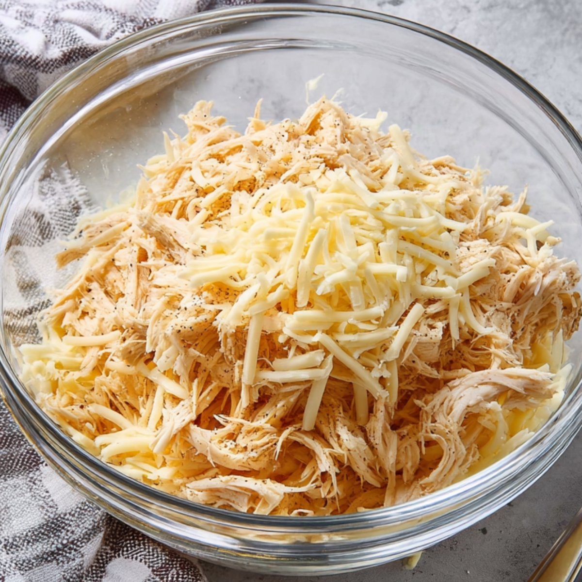 Clear glass bowl filled with shredded chicken and shredded cheese, seasoned with spices, on a gray countertop with striped cloth, ready for enchilada assembly, bright natural lighting.