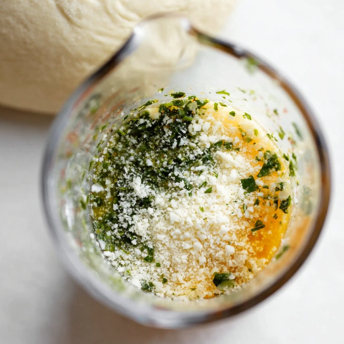 Top-down view of a glass measuring cup containing grated Parmesan cheese, melted butter, and chopped fresh parsley, with a ball of pizza dough blurred in the background.