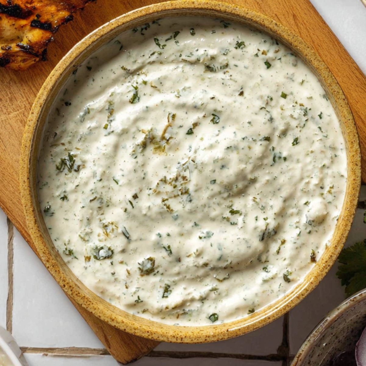 Close-up of a bowl of creamy herb sauce with finely chopped herbs, placed on a wooden board over white tiled surface, ready to serve with grilled chicken or rice bowls.