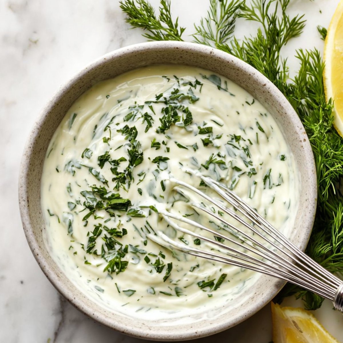 Close-up top-down view of a small ceramic bowl filled with creamy herby ranch sauce, garnished with finely chopped fresh dill. Lemon wedges and dill sprigs are placed around the bowl, with a metal whisk resting inside the sauce on a white marble countertop.