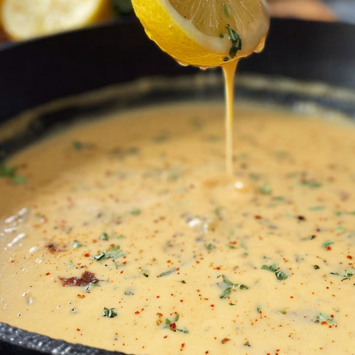 Close-up of creamy parmesan sauce in a skillet, golden texture with herbs and spices visible, thick and rich consistency, appetizing and glossy, natural lighting, realistic food preparation scene.