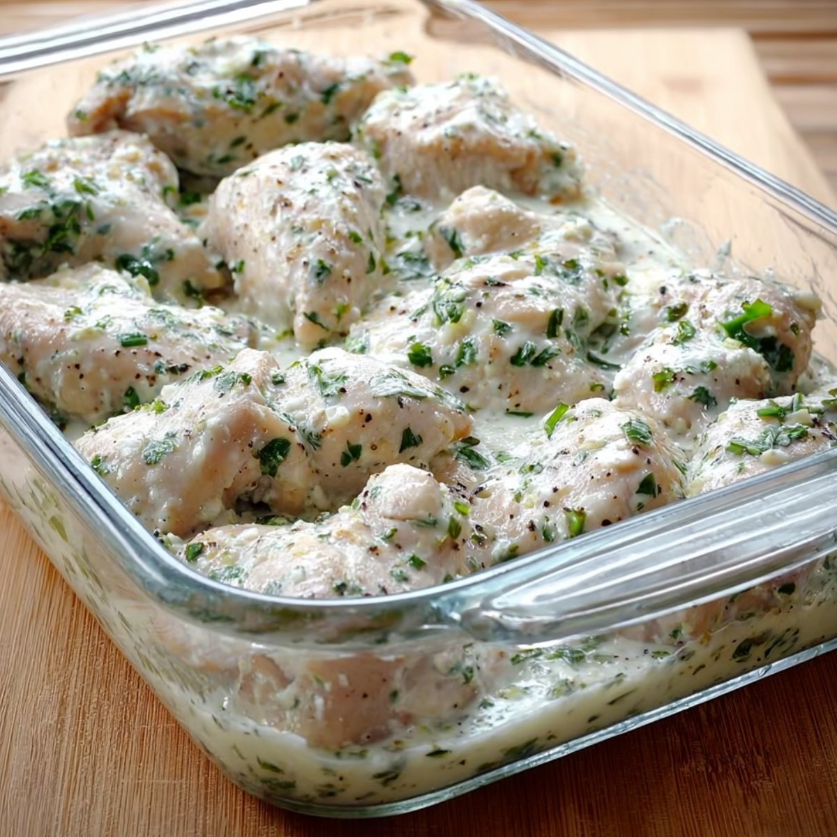 “ Raw chicken pieces coated in a creamy herb marinade with chopped parsley and black pepper, arranged in a rectangular glass baking dish on a wooden countertop, ready to be baked.