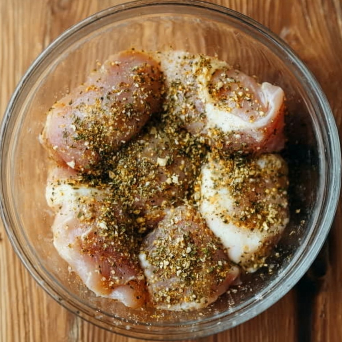 Raw chicken pieces in a glass bowl coated with a dry herb and spice mixture, ready to be marinated before cooking.