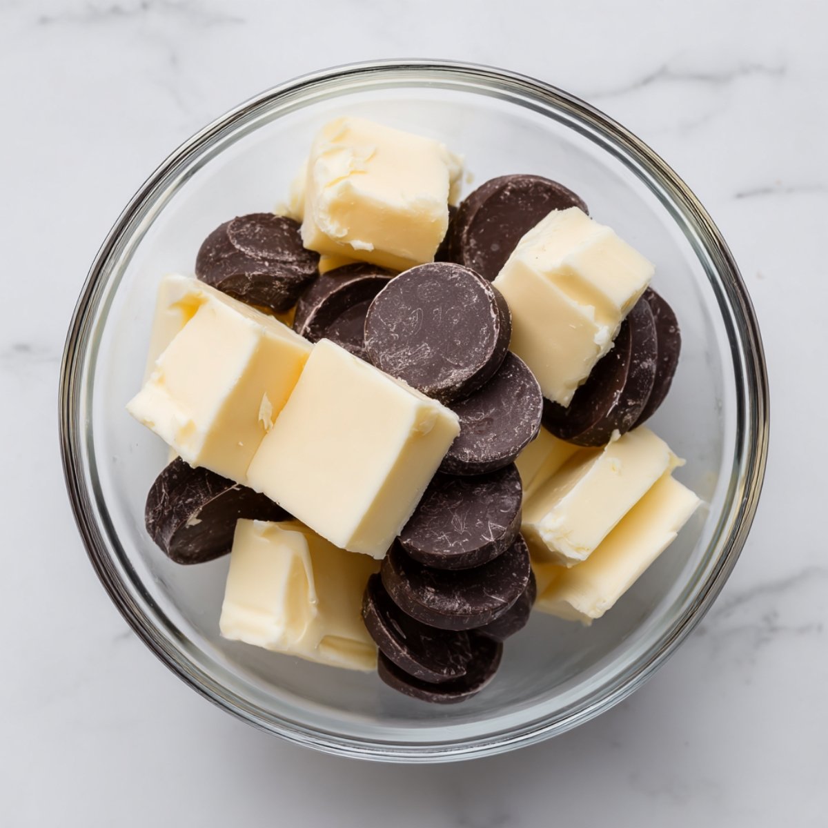Overhead shot of a glass mixing bowl containing cubed butter and dark chocolate discs, ready to be melted together, on a white marble countertop.