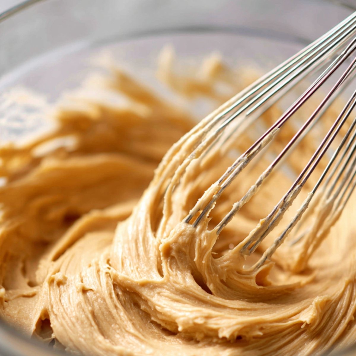 Close-up of a glass bowl containing smooth, creamy cookie batter being mixed with a whisk, showing a thick, glossy texture and pale golden color.