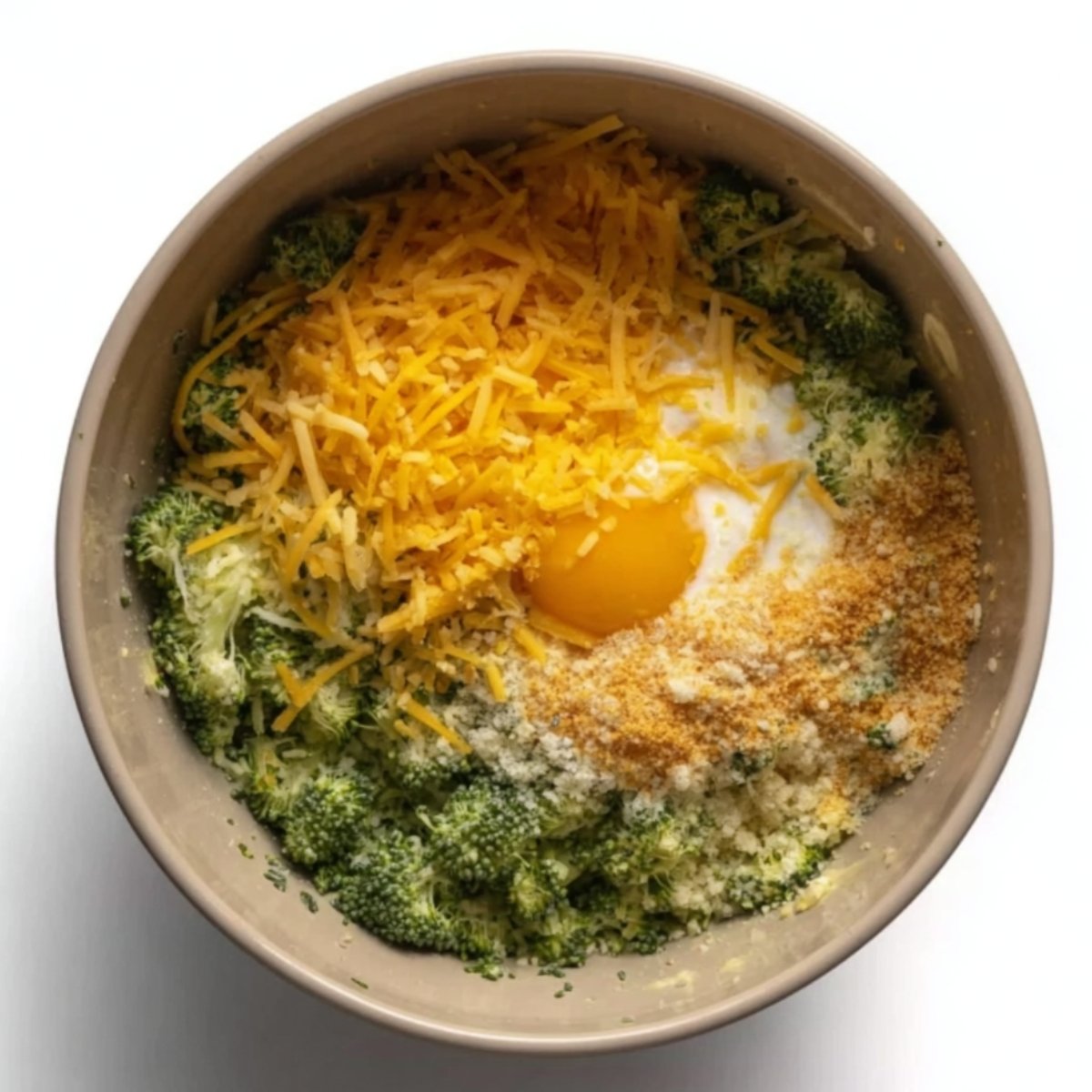A mixing bowl containing raw broccoli florets, a cracked egg, shredded cheddar cheese, and breadcrumbs, ready to be combined for broccoli tots.