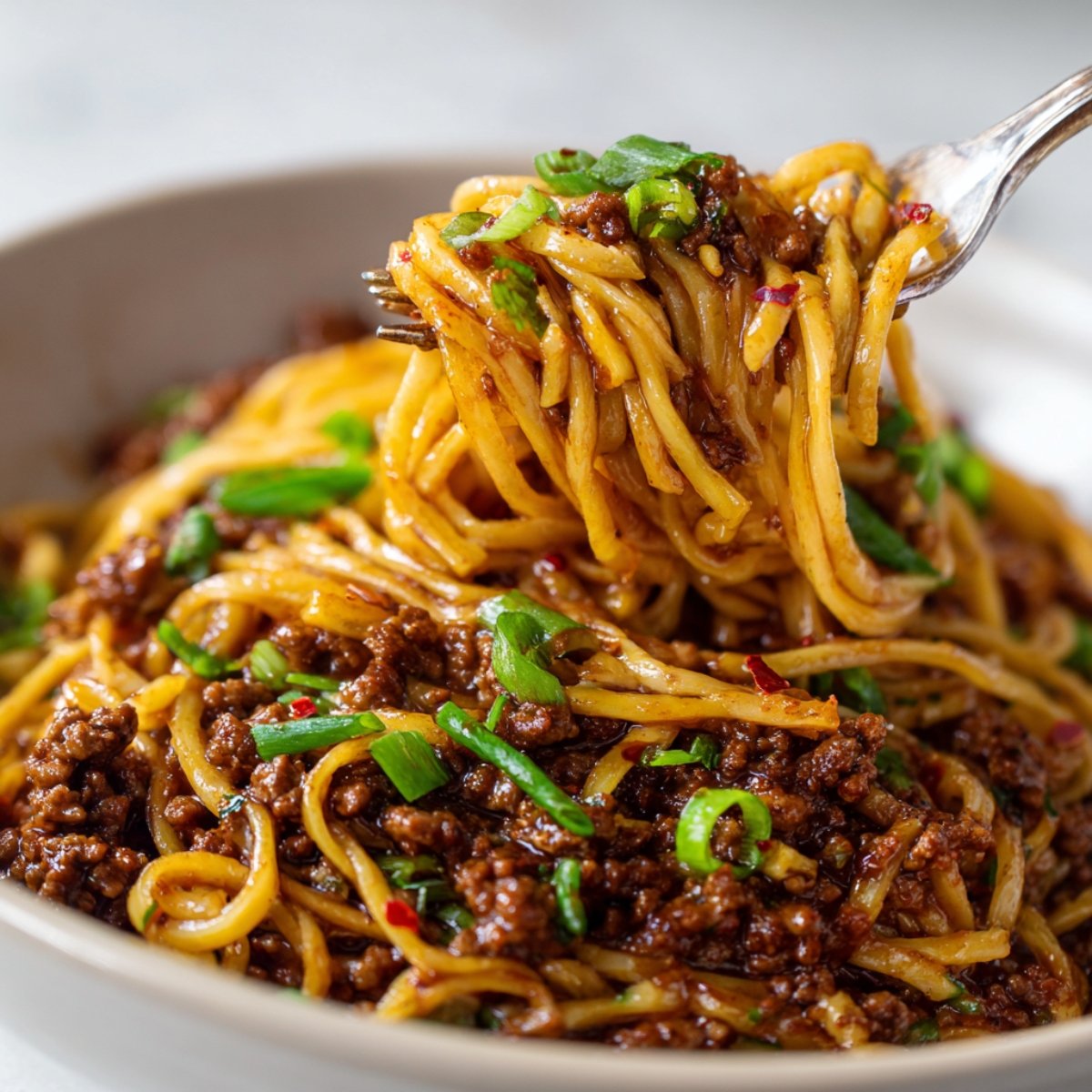 Close-up of a bowl of Mongolian Ground Beef Noodles, with tender noodles coated in a rich dark sauce, mixed with ground beef, garnished with chopped green onions and chili flakes. A fork lifts a portion of noodles, showing the glossy, saucy texture, on a wooden surface background.