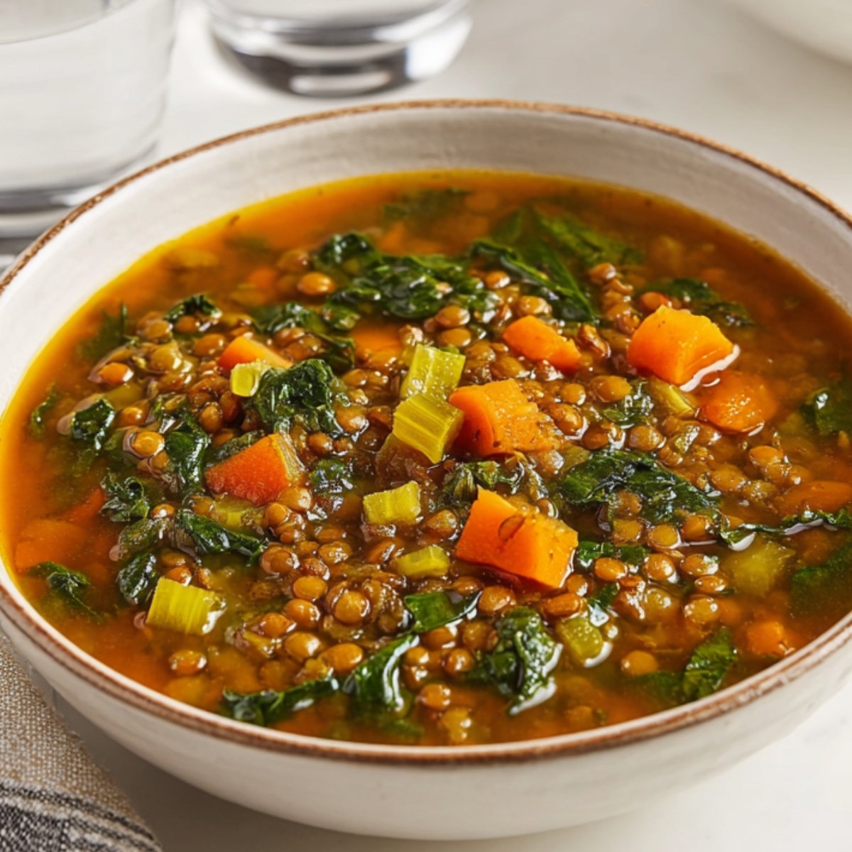 Close-up of a white bowl filled with Moroccan lentil soup, containing lentils, diced carrots, celery, and chopped spinach in a warm, spiced broth. Served on a light cloth with a neutral background, bright natural lighting, high-resolution food photography.