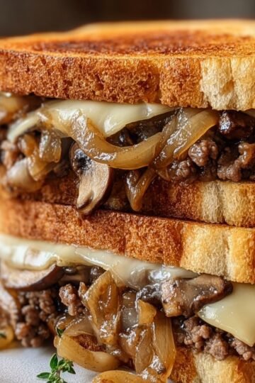 A stacked grilled Mushroom Patty Melt filled with melted cheese, sautéed mushrooms, onions, and ground meat on toasted bread.