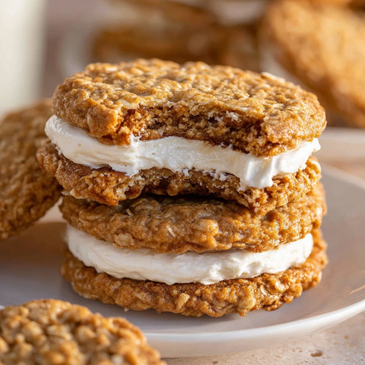 Stack of oatmeal creme pies on a white plate, one showing a bite taken out to reveal the fluffy white cream filling. The golden-brown oatmeal cookies have a textured surface, with additional cookies and a glass of milk softly blurred in the background.