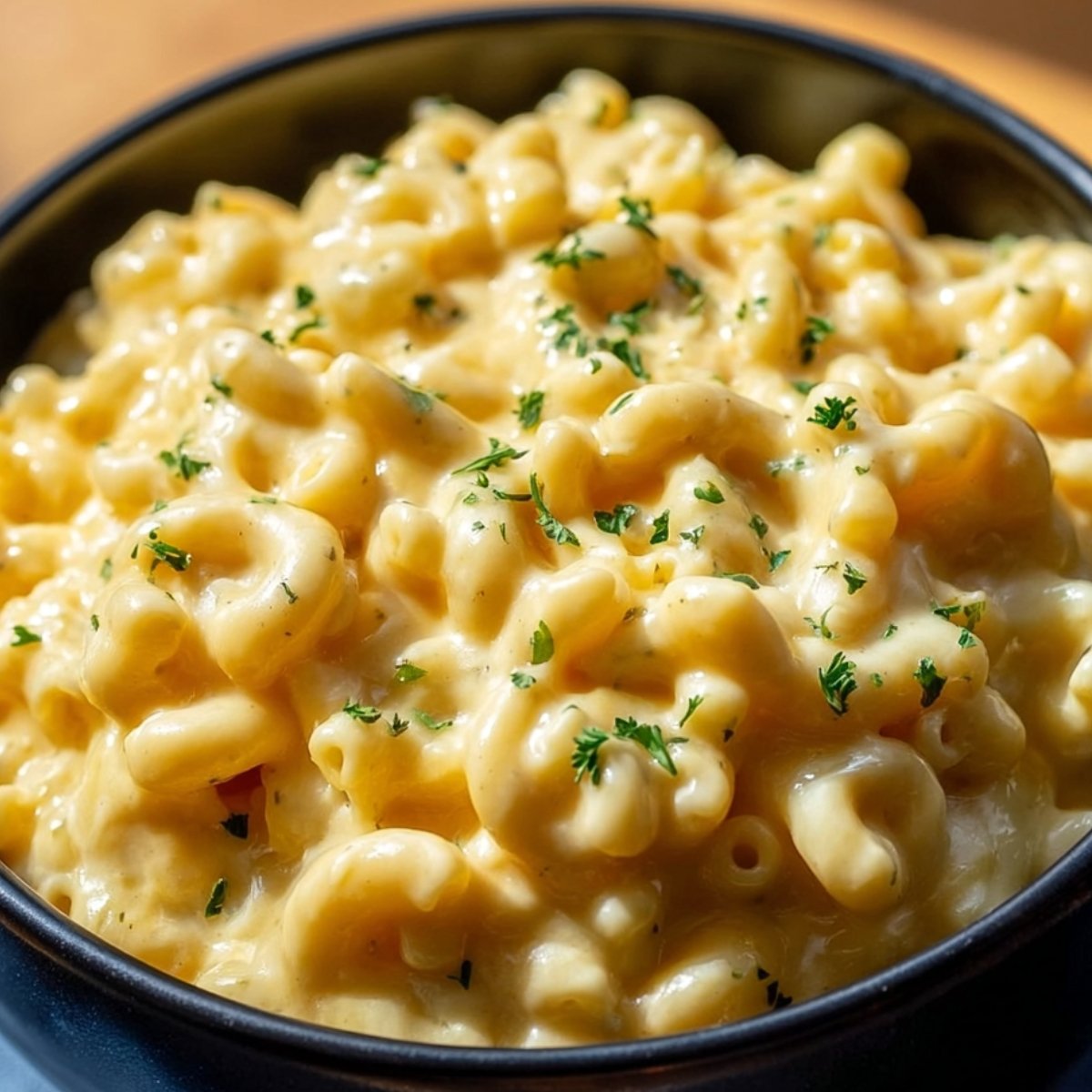 Close-up of creamy one-pot macaroni and cheese in a black bowl, elbow pasta coated in smooth, melted cheddar cheese sauce, garnished with small parsley flakes, bright natural lighting, realistic food photography, warm and comforting presentation.