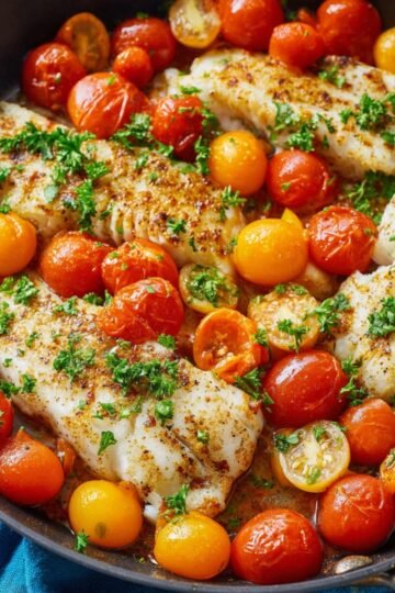 Pan-Seared Cod in White Wine Tomato Sauce fillets cooked with blistered cherry tomatoes and garnished with fresh herbs in a skillet.
