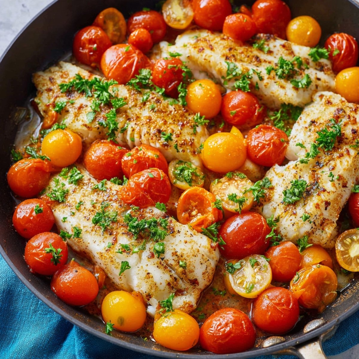 Pan-Seared Cod in White Wine Tomato Sauce fillets cooked with blistered cherry tomatoes and garnished with fresh herbs in a skillet.