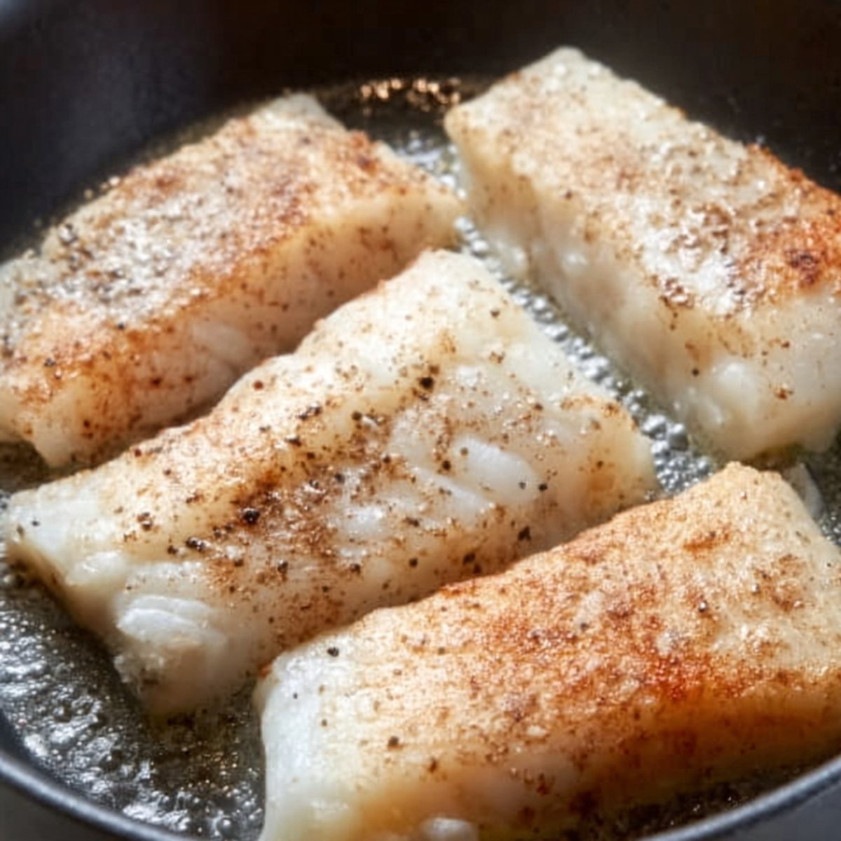 Four seasoned white fish fillets searing in a pan with a golden-brown crust forming on the surface.
