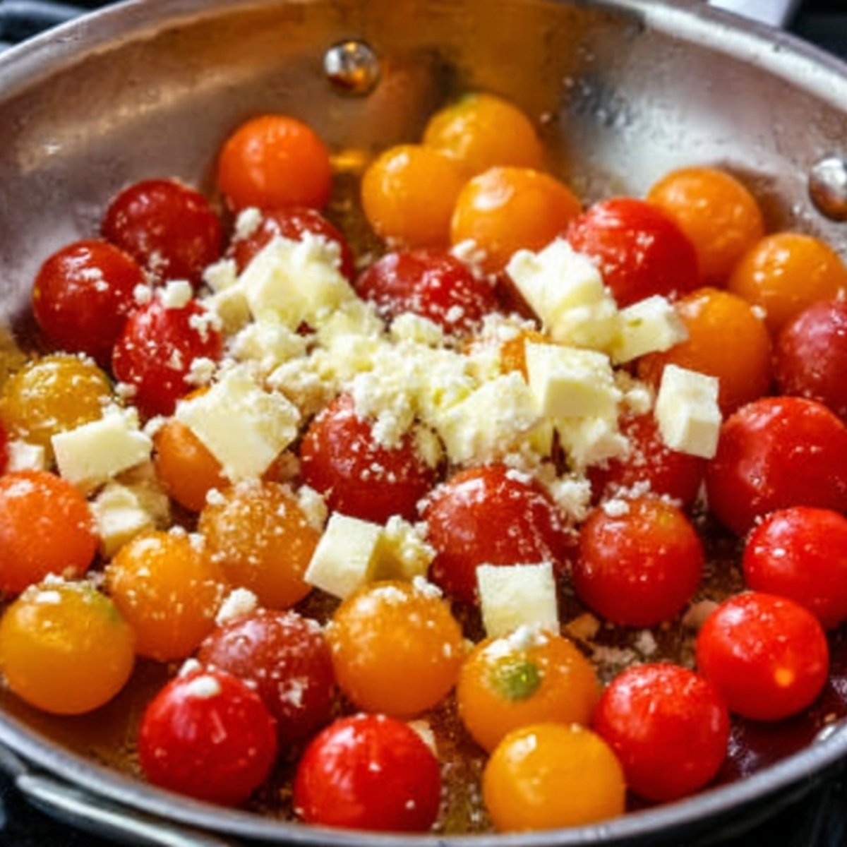 Cherry tomatoes in red and yellow sautéing in a pan with cubes of cheese and grated cheese melting on top.