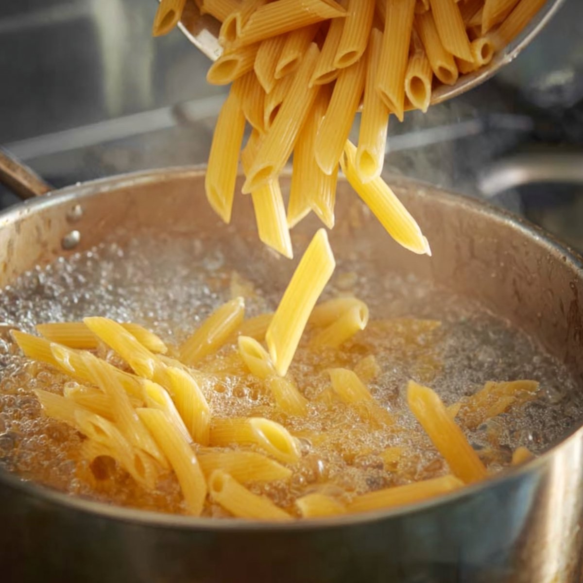 Penne pasta being poured into a pot of boiling water on a stovetop.