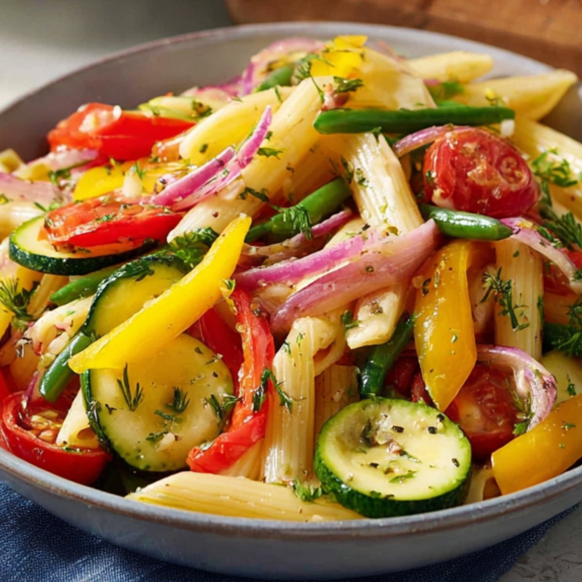 Finished pasta salad with penne, zucchini, cherry tomatoes, bell peppers, green beans, and herbs in a bowl.
