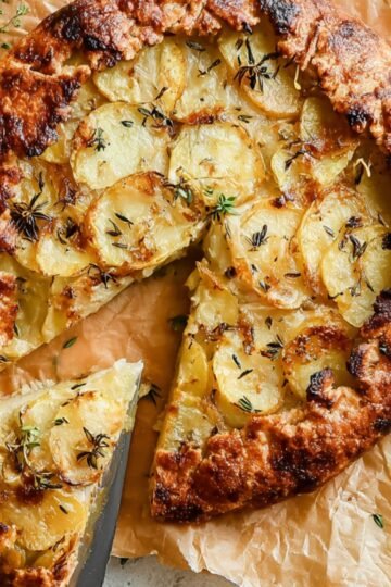 Baked potato galette on parchment paper, sliced with a knife, showing golden-brown crispy edges and layered potato filling.
